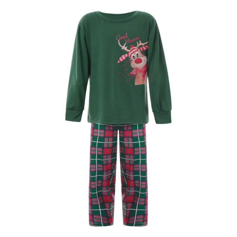 Parent-Children Christmas Pajama, Reindeer Print Long-Sleeves Tops with Plaid Pants Loungewear for Father, Mother, Kids