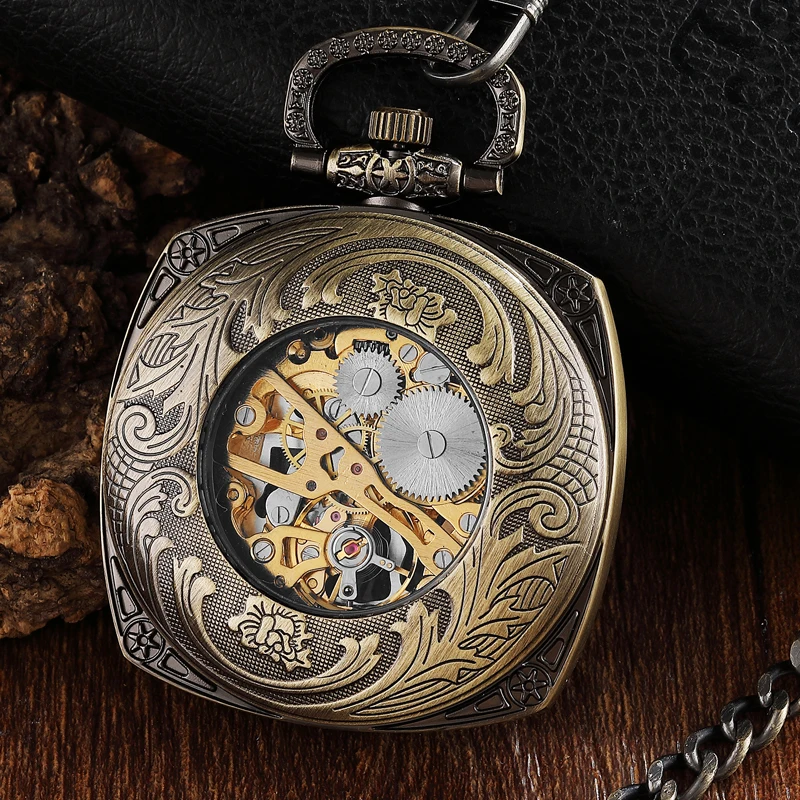 Vintage Retro Square Dial Steel Mechanical Pocket Watch Men Hollow Skeleton Sculpture Steampunk Pocket Watch Set Women Men Gifts