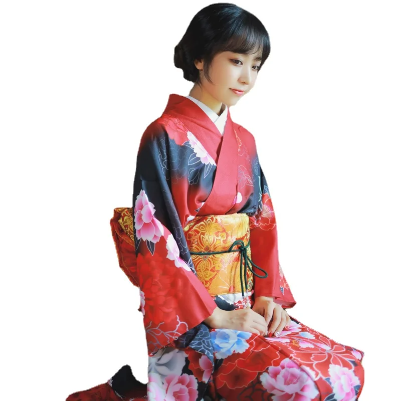 

Women's Kimono Costume Adult Japanese Geisha Yukata Sweet Floral Patten Gown Blossom Satin Bathrobe Sleepwear with OBI Belt