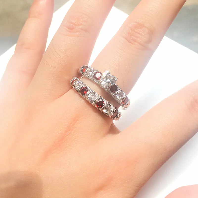 Carofeez Fashion Jewelry Lovers Rings Women\'s Zircon Heart Ring Sets Men\'s Stainless Steel Wedding Band Engagement Couple Ring