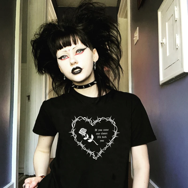 Barbed Wire Heart Streetwear Gothic T-Shirt Women Punk Fashion Grunge Aesthetic Graphic T Shirts Female Cute Harajuku Goth Tops