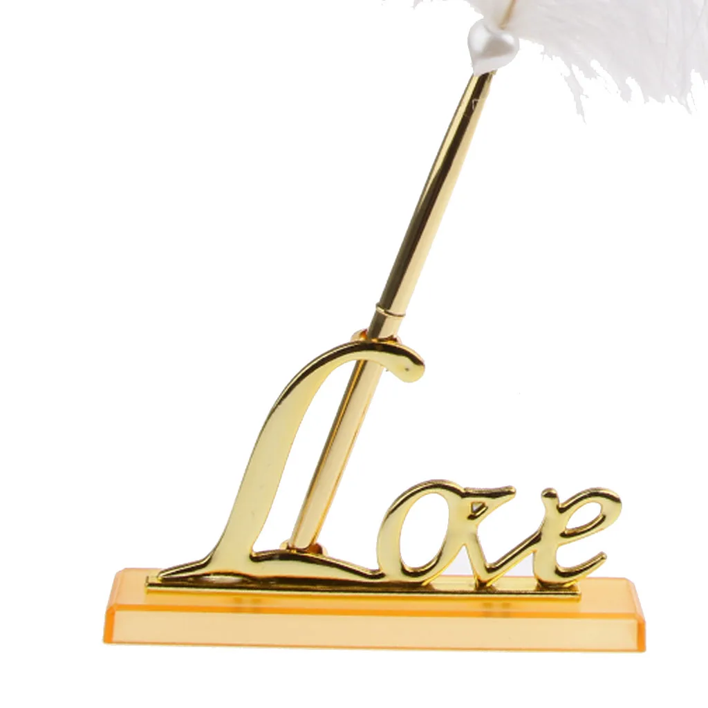 Wedding Signature Feather Signing Pen Gold Plated Love Metal Holder Set