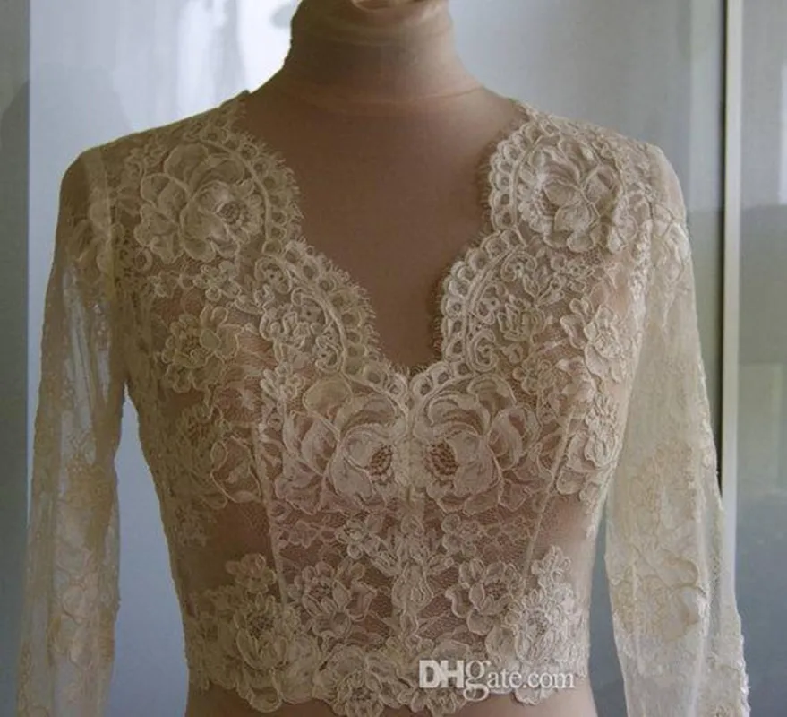 Cheap Bridal Wraps Alencon Lace Crystals V Neck Button Back Bride Bolero For Weddings Long Sleeves Lace Bridal Jacket