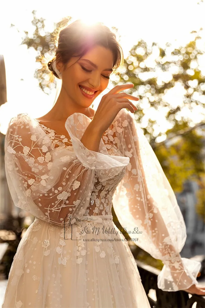 Robe de mariée Vintage à manches longues bouffantes, en dentelle, à paillettes, pour église, balayage, Train, col en V, robes de mariage scintillantes, plage, 2021