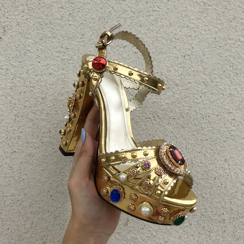 Women Chunky High Heels Shoes Platform Sandals For Women Rhinestone Metallic Gold Leather Shoes Woman Peep Toe Wedding Shoes