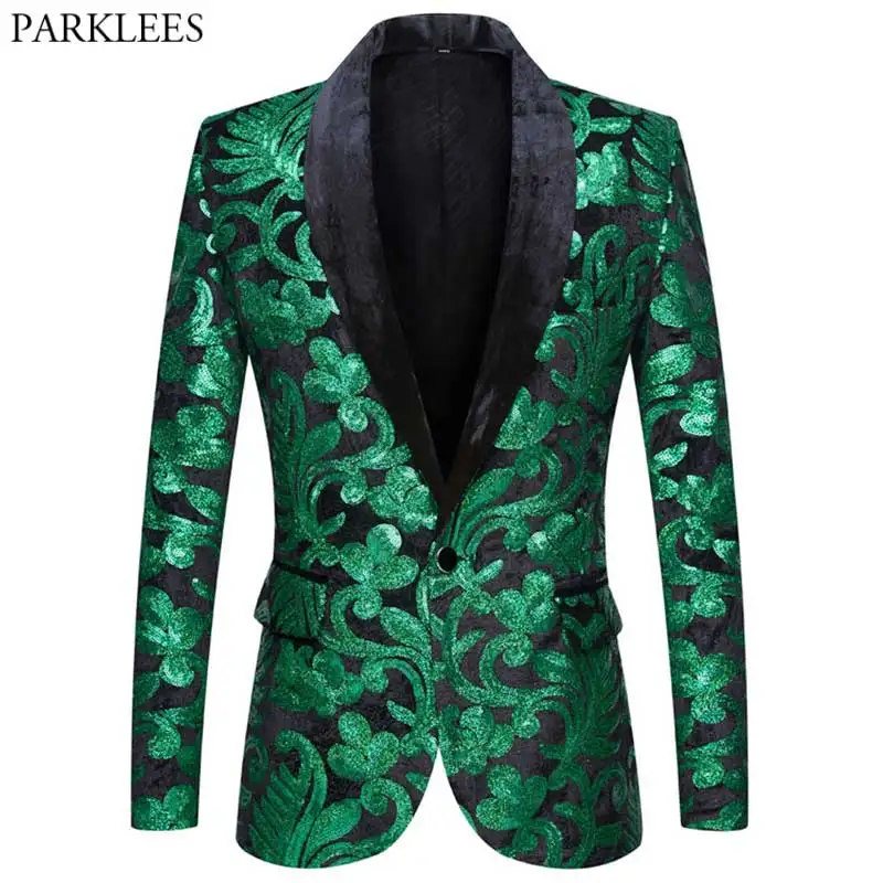 Shiny Green Floral Sequin Tuxedo Blazers Men One Button Shawl Collar Dress Suit Jacket Party Dinner Wedding Prom Singer Costume