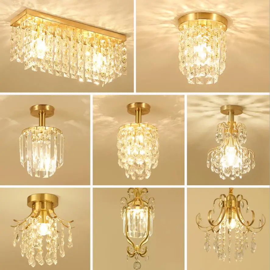 

All-Copper American Crystal Hallway Lamp European-Style Hallway Entrance Cloakroom Corridor Lamp Balcony Small Ceiling Lamp