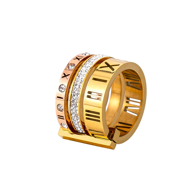 Fashion Stainless Steel Rose Gold Color Zircon Roman Number Rings For Women Party Decor