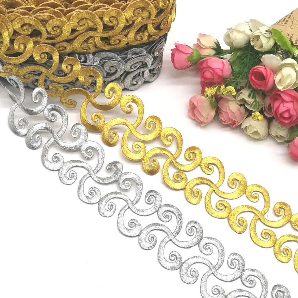 Gold Embroidered Lace Iron On Ribbon Cosplay Costumes Braided Appliqued Lace 4.5cm Wide