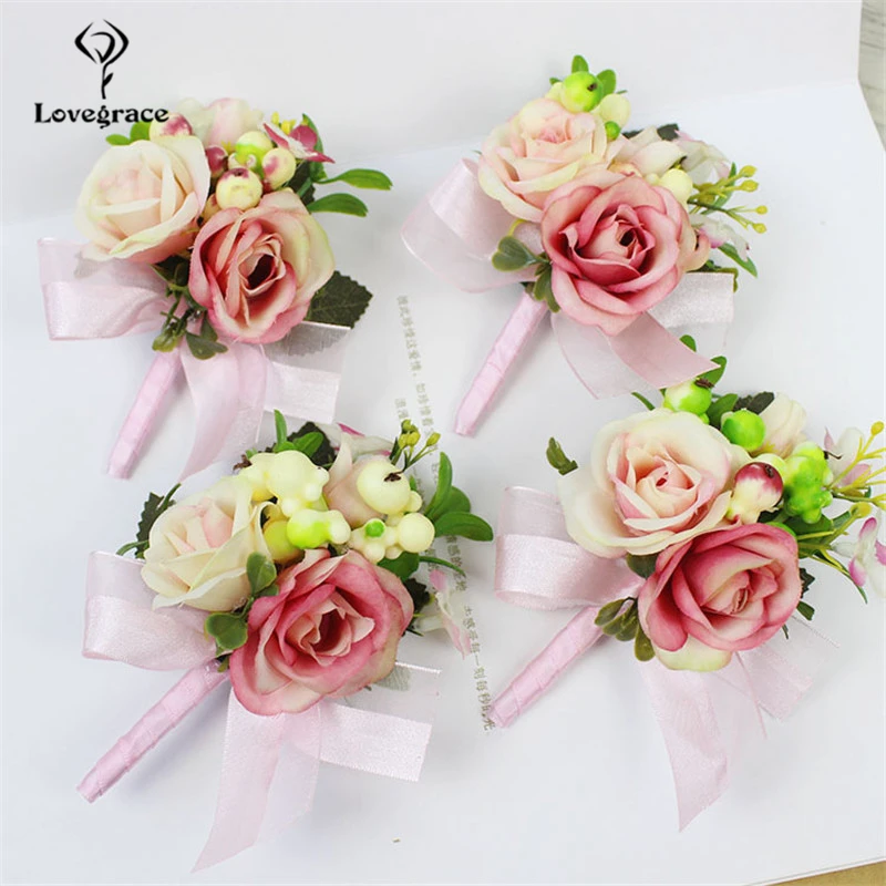 Lovegrace العريس Boutonniere العروس المعصم كورسيج وردة من الحرير البلاستيك بيري فتاة سوار الرجال كورسج الزفاف الديكور