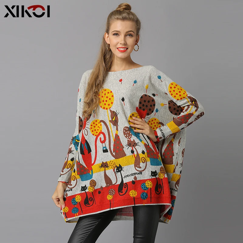 XIKOI Winter Cats Sweater For Women Oversized Pullovers Knitted Long Beautiful Jumper Fashion Printed Pull Femme O-Neck Clothes