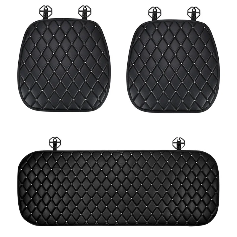 Bling Crystal Universal Car Seat Cushion Auto Chair Mat Breathable PU Leather Pad Car Front Rear Back Seat Cover Protector Black