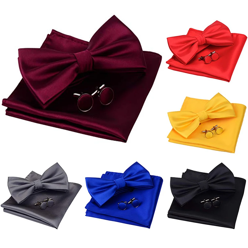 Men Bowtie Cufflinks Cravat Set Solid Butterfly Ties for Man Handkerchief Party Gifts for Mens Wedding Dress Necktie Accessories