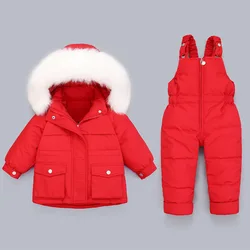 Fur Hooded Boy Baby Overalls Girl Clothes Winter Down Jacket Warm Kids Cotton Coat Child Snowsuit Snow Clothing Set