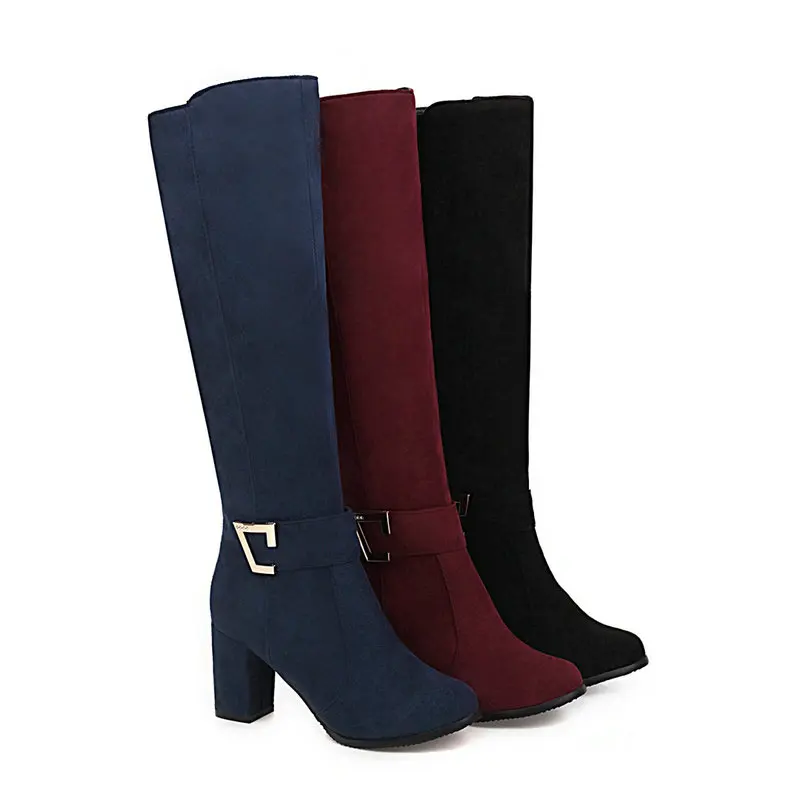 2021 New Faux Suede Women Knee High Boots Fashion Buckle Women Square Heel Boots Autumn Winter Ladies Shoes Black Blue Wine Red