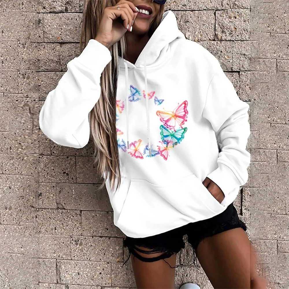 Ladies Hoodie Harajuku Sports Pullover Loose Big Pockets Base Tops Transparent Butterfly Print Girls Casual Streetwear