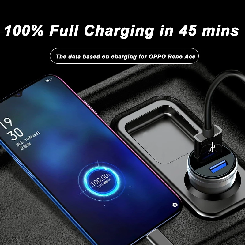 65W SUPERVOOC 2.0 Car Charger Fast Car Charging 6.5A Type-C Cable For OPPO A92S Reno 3 Ace 2 X20 X50 R17 R9S K5 Realme X Q V5 5G