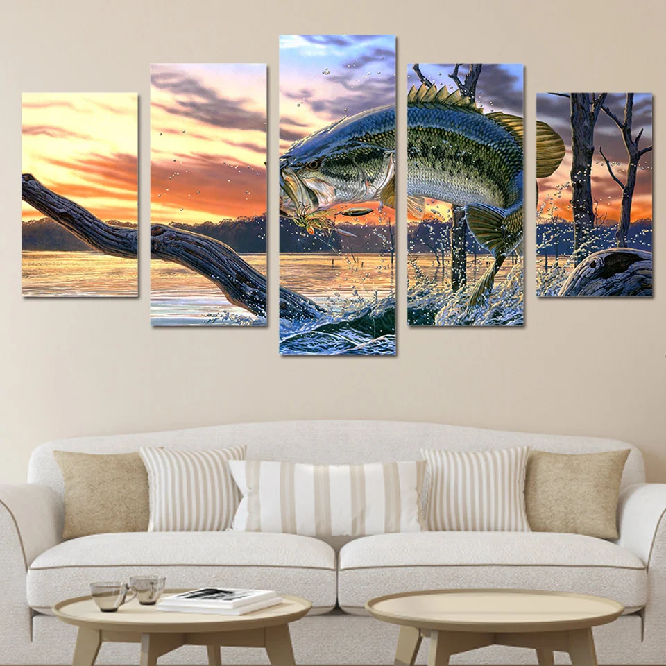 Canvas Wall Art 5 Pieces Jumping Bass Fishing Posters Modular Pictures Home Decor Living Room Modern Decoration Paintings