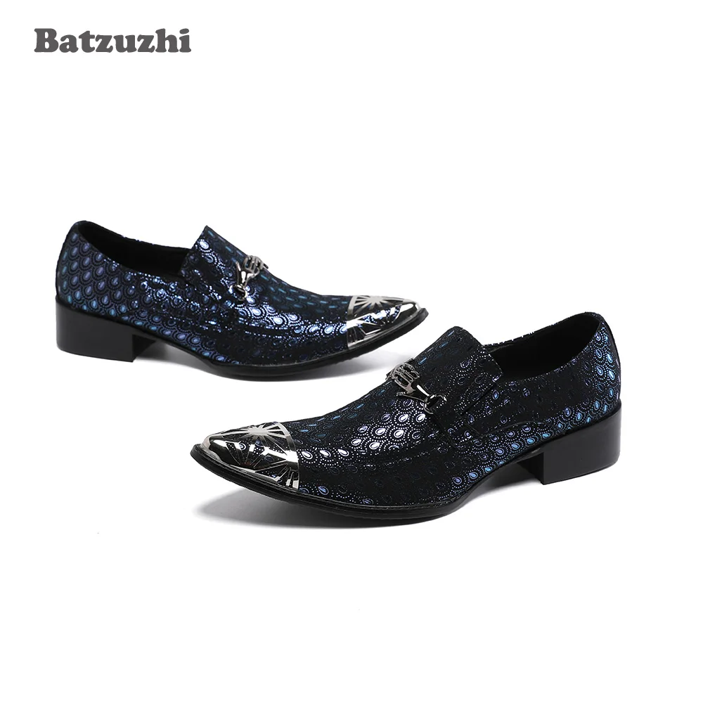 

Новые дизайнерские мужские туфли Batzuzhi с острым носком, синие, из натуральной кожи, для деловых встреч, вечеринок и свадеб, без шнурков
