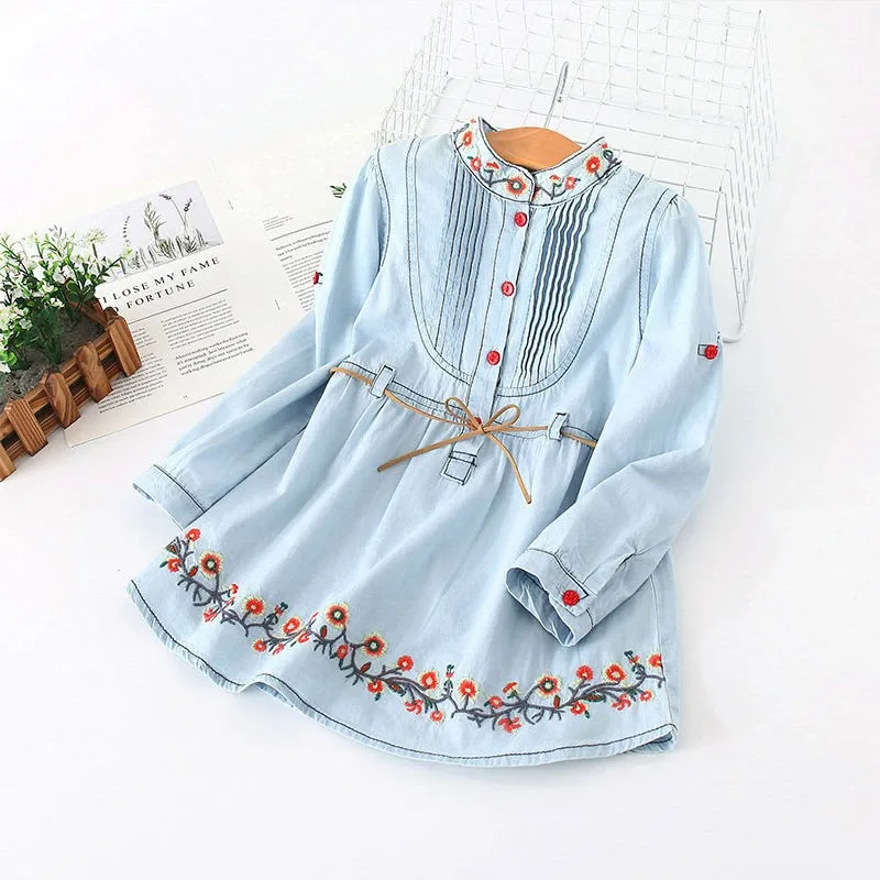 2026 Spring Autumn New 3 4 6 8 10 12 Years Embroidery Flower Long Short Sleeve Double Use Denim Blue Kids Girl Dress With Belt