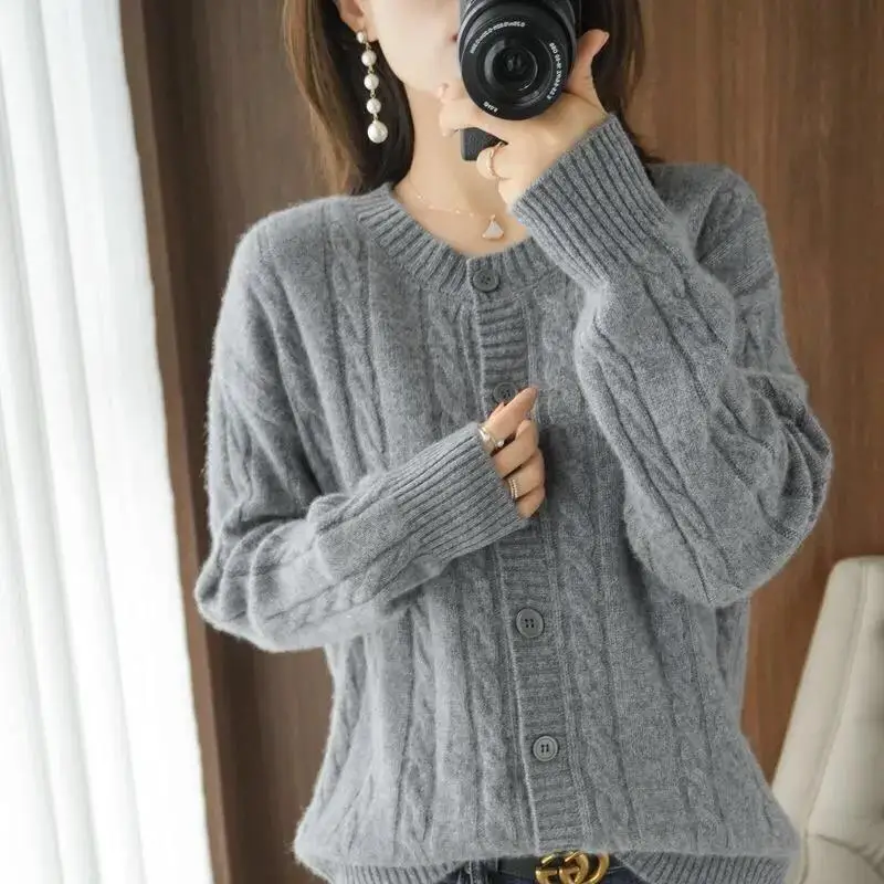 Autumn Winter New Imitation Wool Cardigan Tops Women Diamond Single-Breasted Hoodie Outwear Loose Knit Sweater Coat Retro Jacket