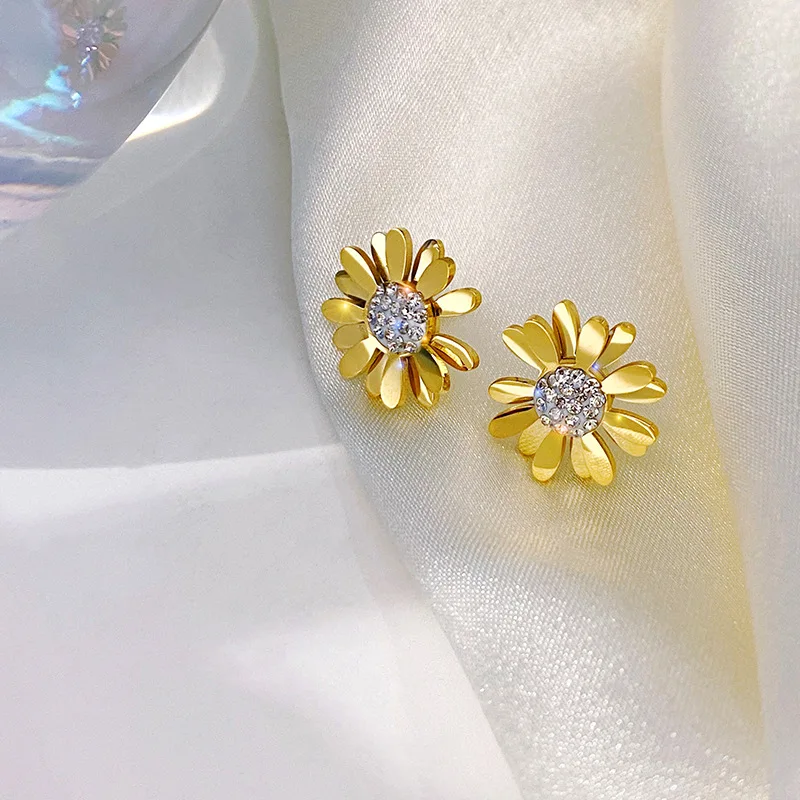 

316L Stainless Steel New Fashion Upscale Jewelry Zircon Daisy Sun Flowe Gold Color Earringsr Women accessories