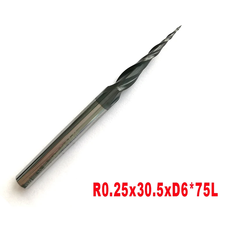 2 Pieces R0.25/R0.5/R0.75/R1/R1.5/R2xD6*30.5*75-HRC55 Tungsten Carbide Taper Ball Nose End Mill Milling Cutter CNC Router Bit