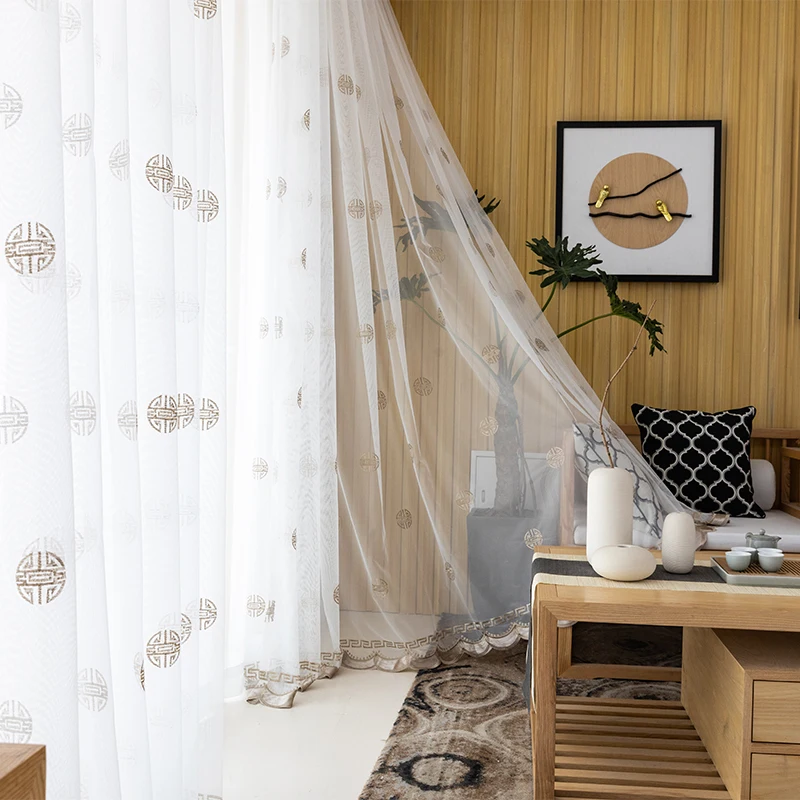 Traditional Chinese Greek Key Sheer Curtains, Embroidered White Tulle Voile Curtains, Living Room Drapes Gauze