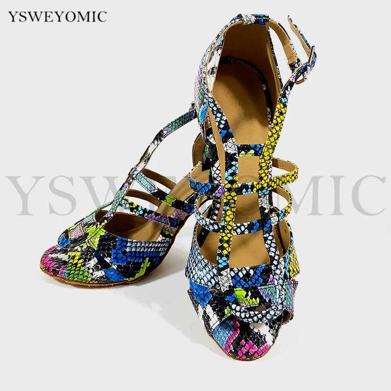 Sexy Women Latin Ballroom Dance Shoes African Style Shiny Colorful Snake Pattern Soft Leather Zapatos de baile latino in 9cm