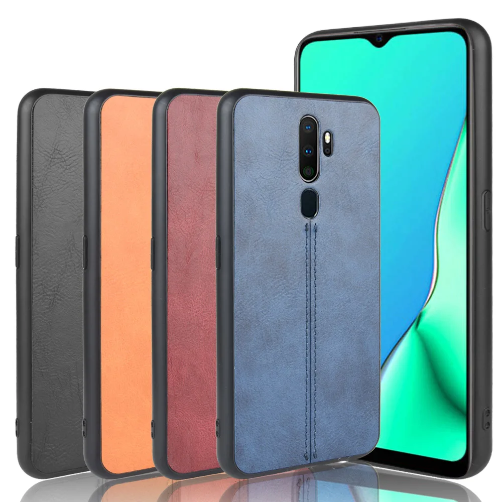 Oppo A5 2020 Case Oppo A5 (2020) Suture Calfskin Soft Edge PU Leather Hard Phone Back Cover For Oppo A5 2020 CPH1935 Back Case