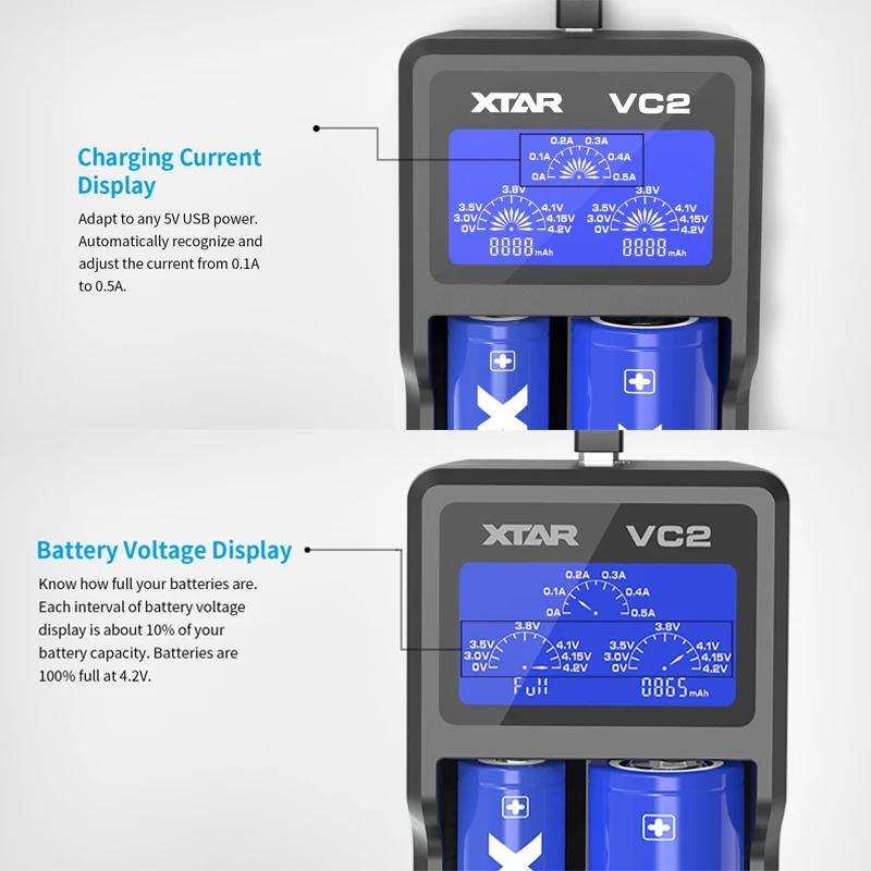 XTAR – chargeur de batterie VC2 18650, affichage de la capacité, USB, pour Batteries Li-Ion 10400 – 26650, 21700 18650