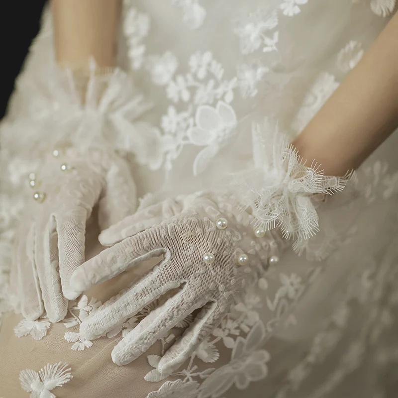 2021 New Pearls Bride Wedding Short Lace Gloves Spring And Summer Wedding Photo Luva De Noiva