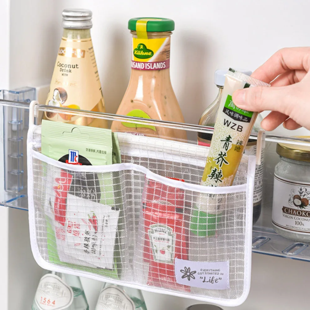 

Refrigerator Storage Mesh Bag 2 Grids Hanging Household Kitchen Tidy Seasoning Organizer with Hook Fridge Organizer Bag