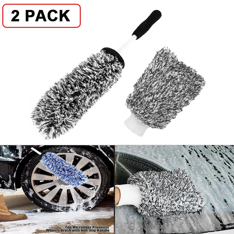 2PCS Car Wheel Brush Microfiber Tire Rim Cleaning Brush And Premium Microfiber Wash Mitt Glove Scratch Free Car Wash Accessories