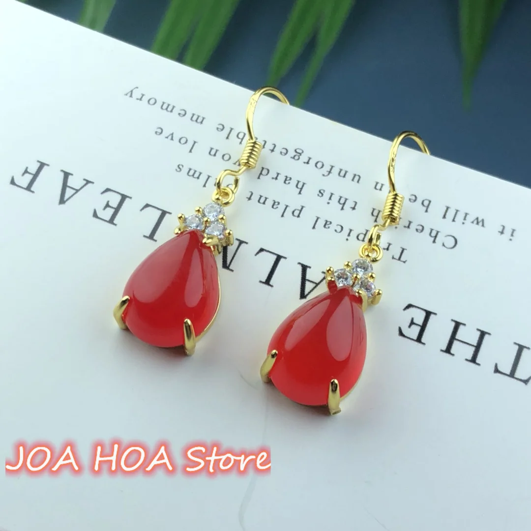 

Red Jewellery With Gold-plated Inlays High-quality Ear Studs Natural Chalcedony Agate Eardrop Jade Perfect Chain Earring