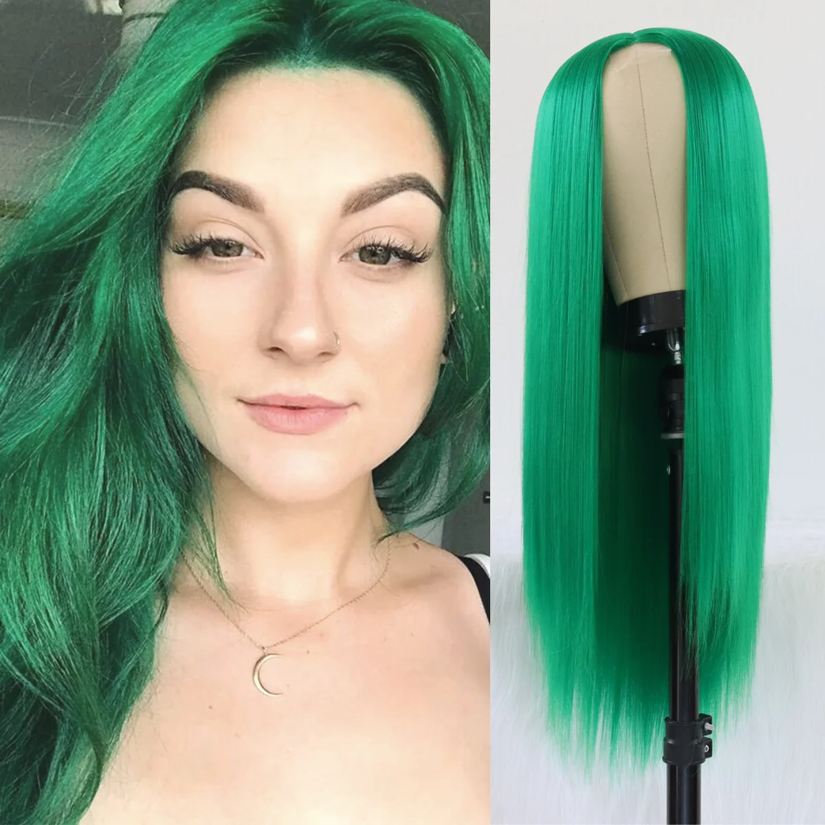  Long Straight Hair Green Color Synthetic None Lace Wigs for Fashion Women Heat Resistant Synthetic Hair Wigs 22-24 inch