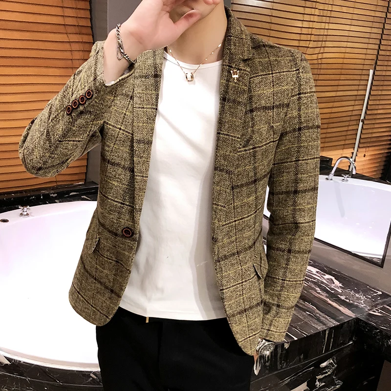 2024 new men\'s casual plaid suit jacket male linen plaid business self-cultivation wedding dress party suit coat plus Size S-4XL