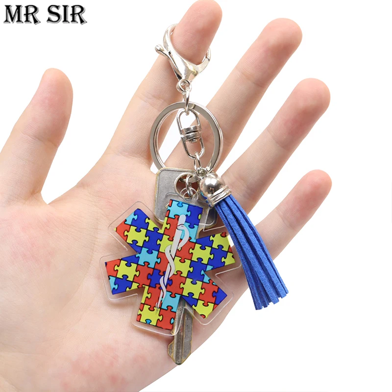 Autism Awareness Tassel Acrylic Keychain Key Ring Red Ribbon Puzzle Love Key Chain Help Raise Autism Awareness Theme Keyfob Gift