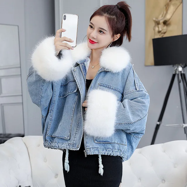 Pink White 2022 Winter Denim Jacket Women Soft Fur Liner Jeans Jacket Fur Collar Outwear Vintage Loose Thick Warm Jean Coat