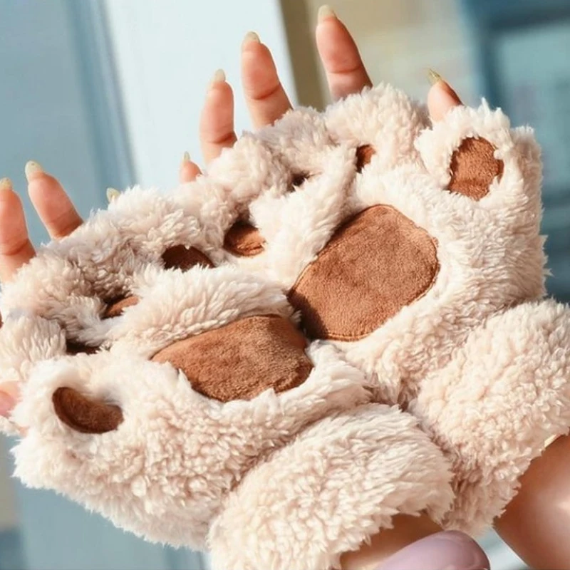 

Women Cute Cat Claw Paw Plush Mittens Warm Soft Plush Short Fingerless Fluffy Bear Cat Gloves Costume Half Finger Party Gift