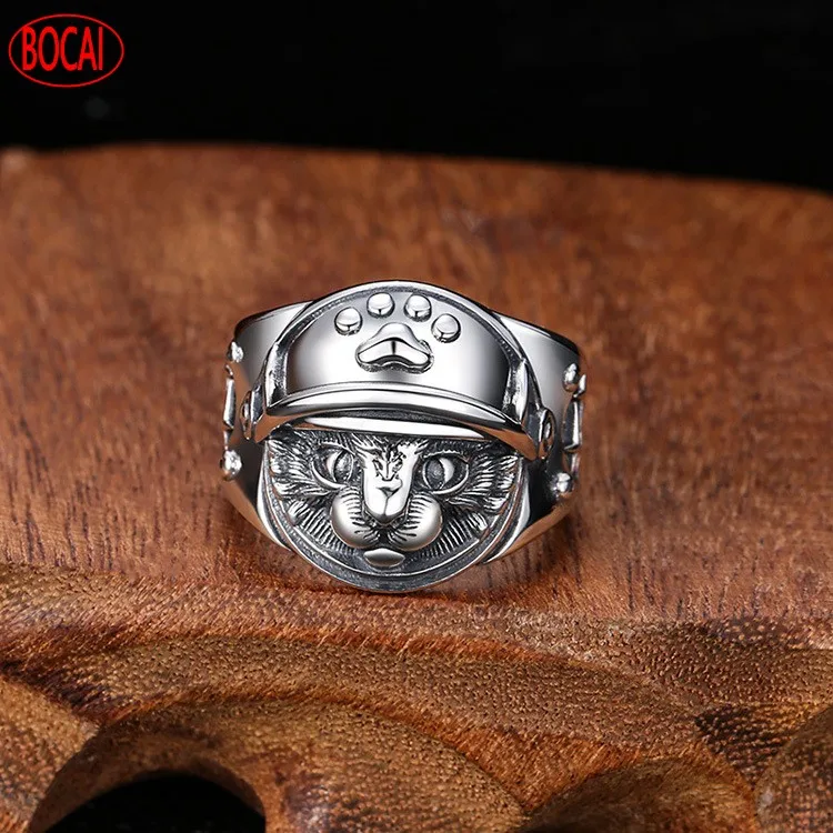 

Real S925 sterling silver jewelry Thai silver fashion men's personality style cat face ring open