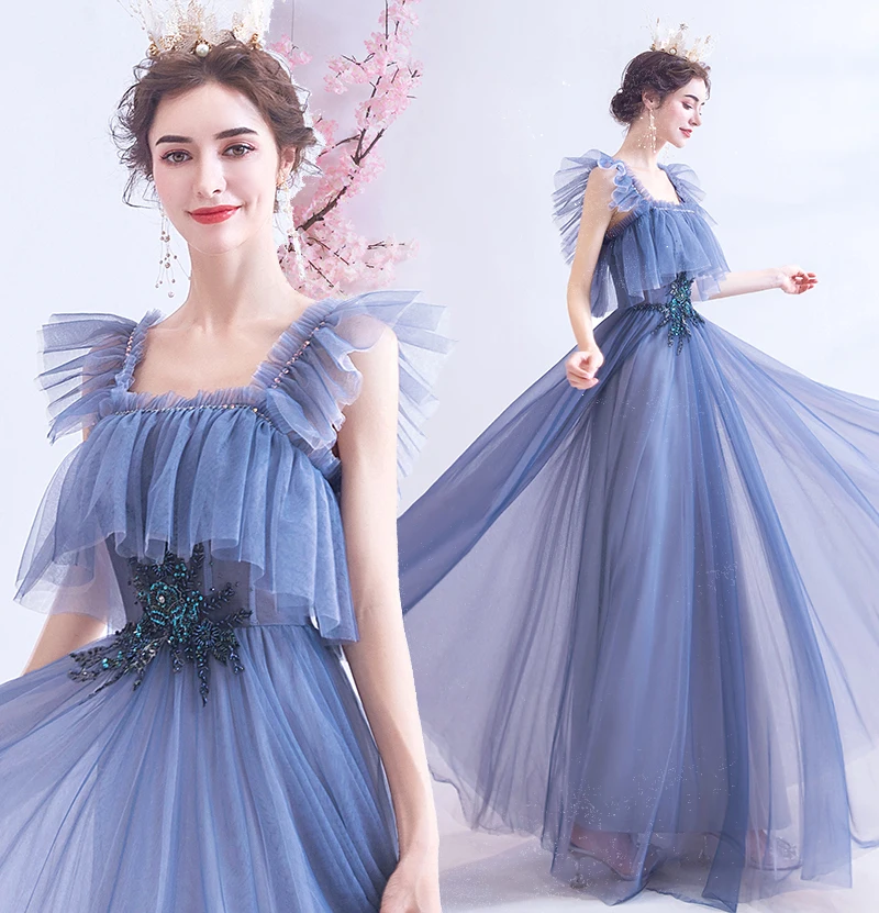 

New Greydish blue long lady girl women mother party dress prom performance dress free shipping