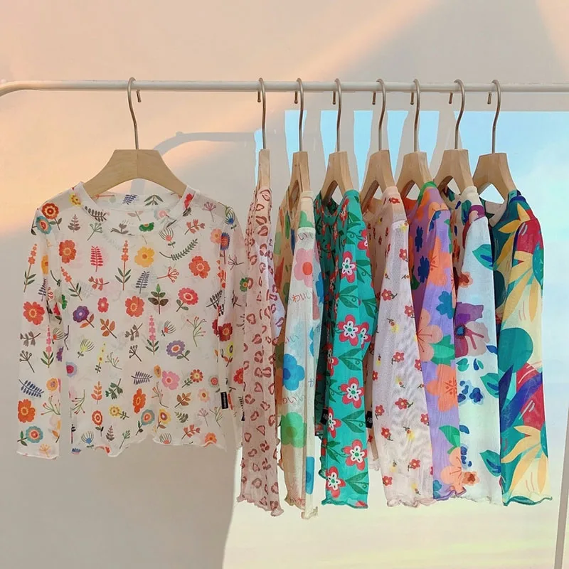 Girls Floral Tops 2025 Summer New Breathable Sunscreen Clothing Girls Fashion Long Sleeve T-Shirt