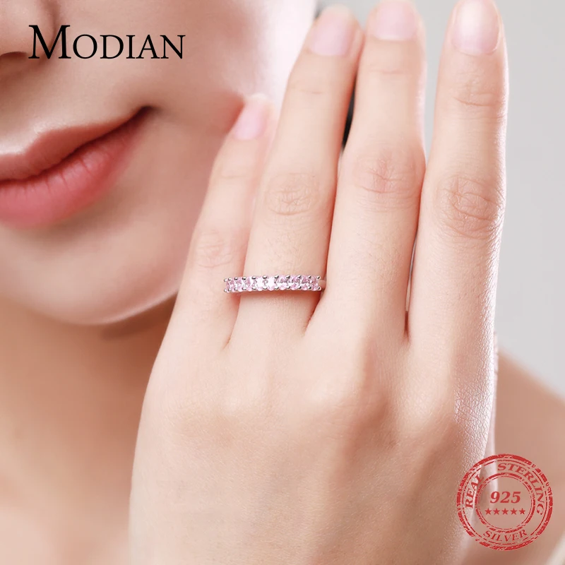 Modian Romantic Pink Cubic Zirconia Ring Real 925 Sterling Silver Luxury Dazzling Finger Rings For Women Wedding Jewelry Anel