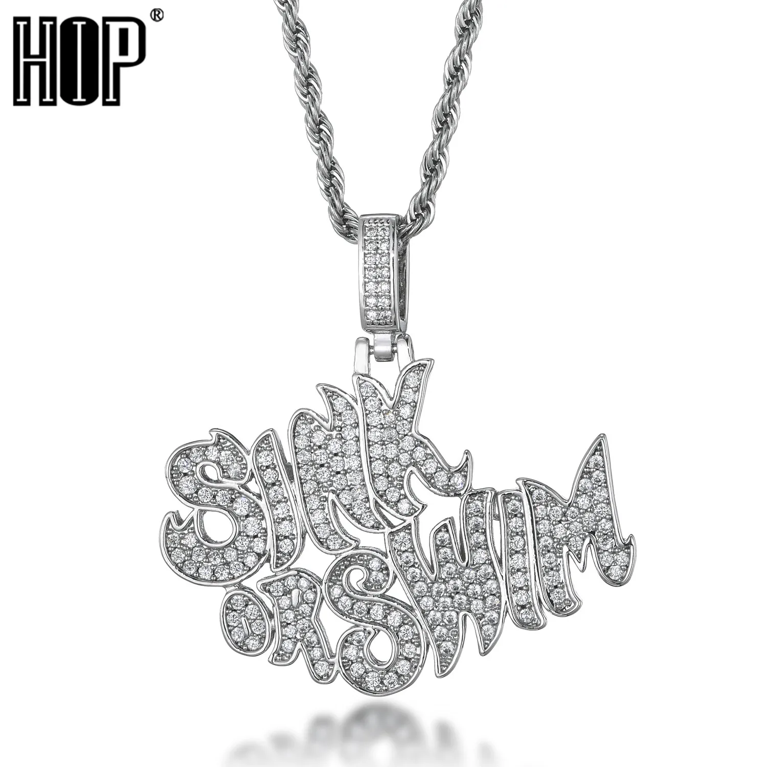

Bling Bling Sink Or Swim Letter Necklace&Pendant Ice Out AAA+ Cubic Zircon With Tennis Chain For Women Men Hip Hop Rock Jewelry