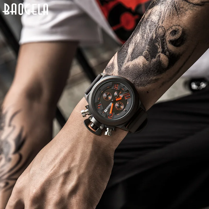 

Baogela Fashion Mens Silicone Band Sport Quartz Wrist Watches Analog Display Chronograph Black Watch for Man with Calendar