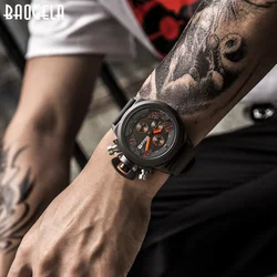 Baogela Fashion Mens Silicone Band Sport Quartz Wrist Watches Analog Display Chronograph Black Watch for Man with Calendar