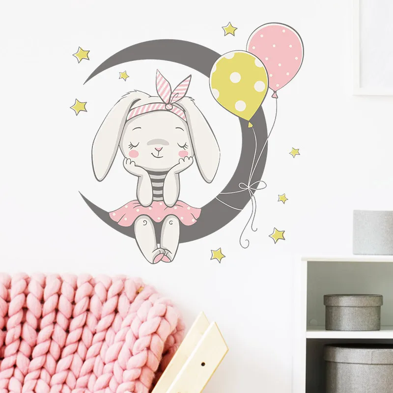 

Cartoon Rabbit on The Moon Wall Stickers for Girls Rooms Decoration Art Mural Kids Room Bedroom Wallpaper Home Decor Aesthetic