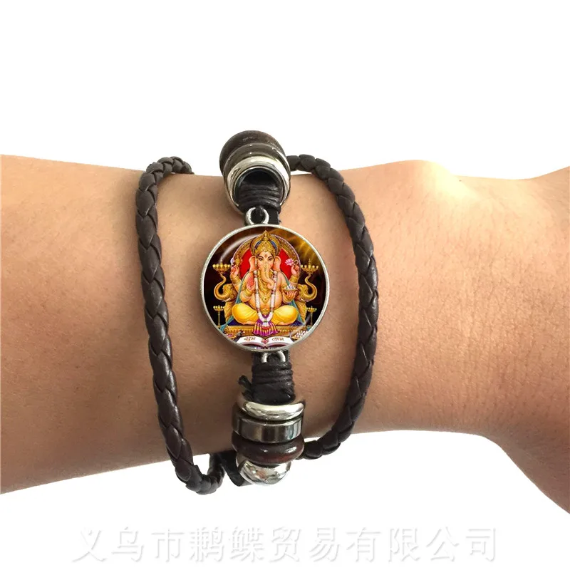 Glass Time Gem Bracelet 20mm Ganesha Buddha Elephant Adjustable Leather Handmand 2 Color Leather Cords Classic Jewelry