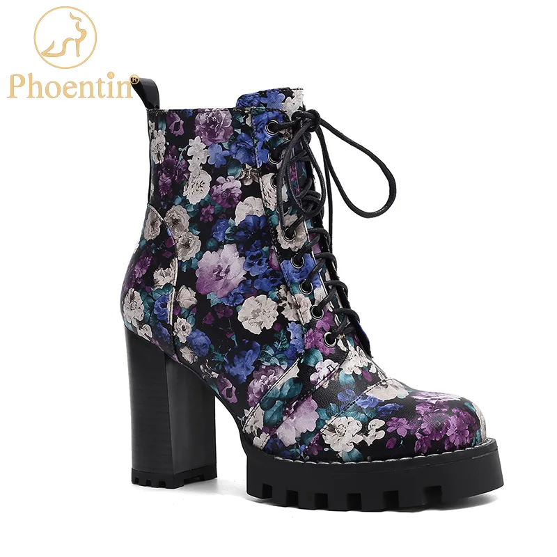 Phoentin Flower print Women\'s shoes platform thick heel ankle boots New arrival 2020 autumn winter cross tied zip shoes FT1100